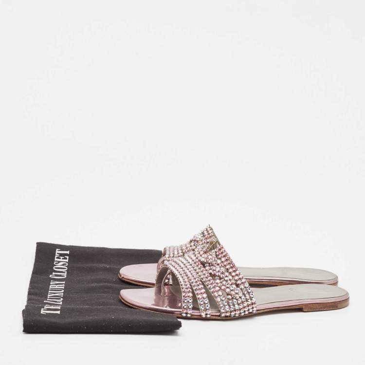 Pre Owned Gina Purple Leather Crystal Embellished Flat Sandals Size 38.5