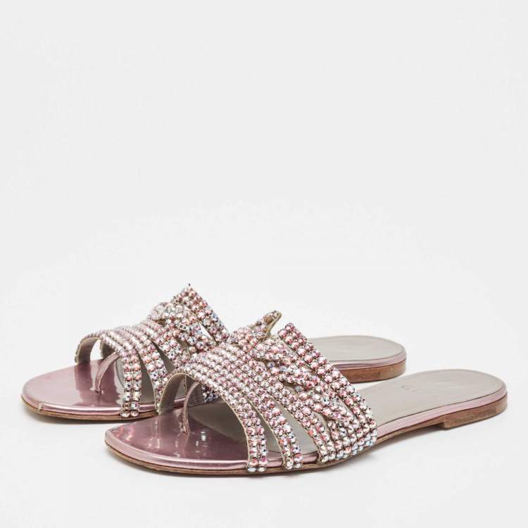 Pre Owned Gina Purple Leather Crystal Embellished Flat Sandals Size 38.5