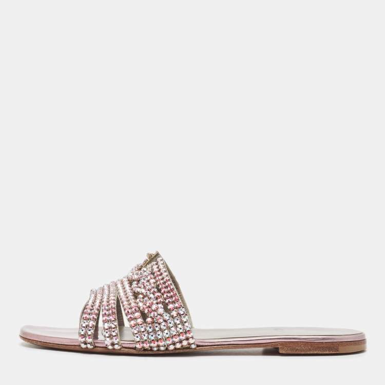 Pre Owned Gina Purple Leather Crystal Embellished Flat Sandals Size 38.5