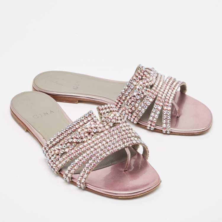 Pre Owned Gina Purple Leather Crystal Embellished Flat Sandals Size 38.5