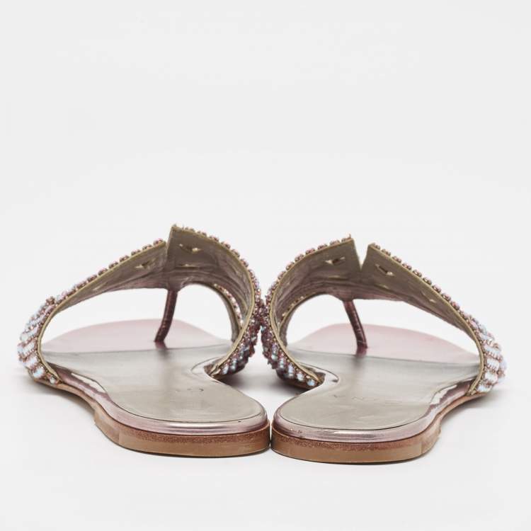 Pre Owned Gina Purple Leather Crystal Embellished Flat Sandals Size 38.5