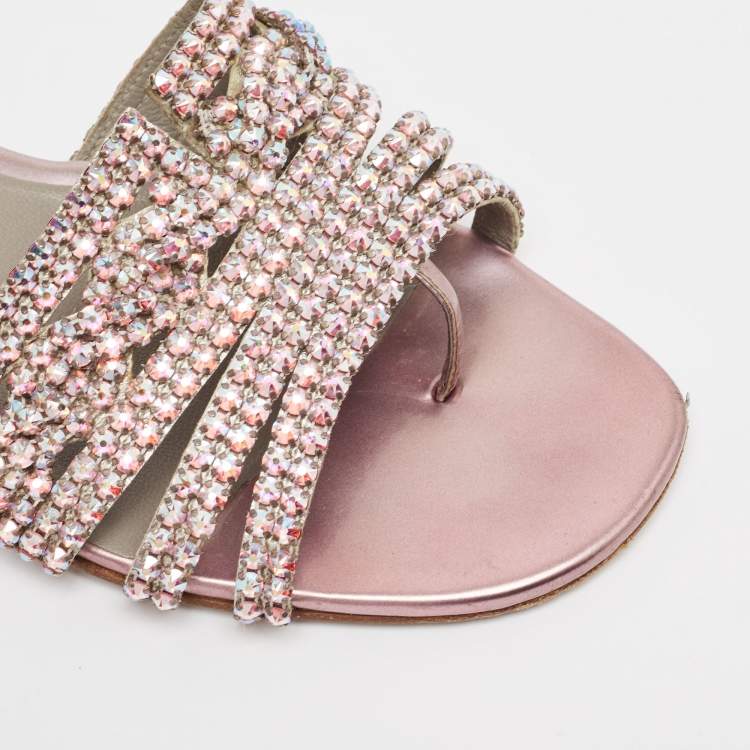 Pre Owned Gina Purple Leather Crystal Embellished Flat Sandals Size 38.5