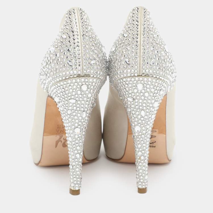 Pre Owned Gina Silver Satin Crystal Embellished Peep Toe Pumps Size 38.5