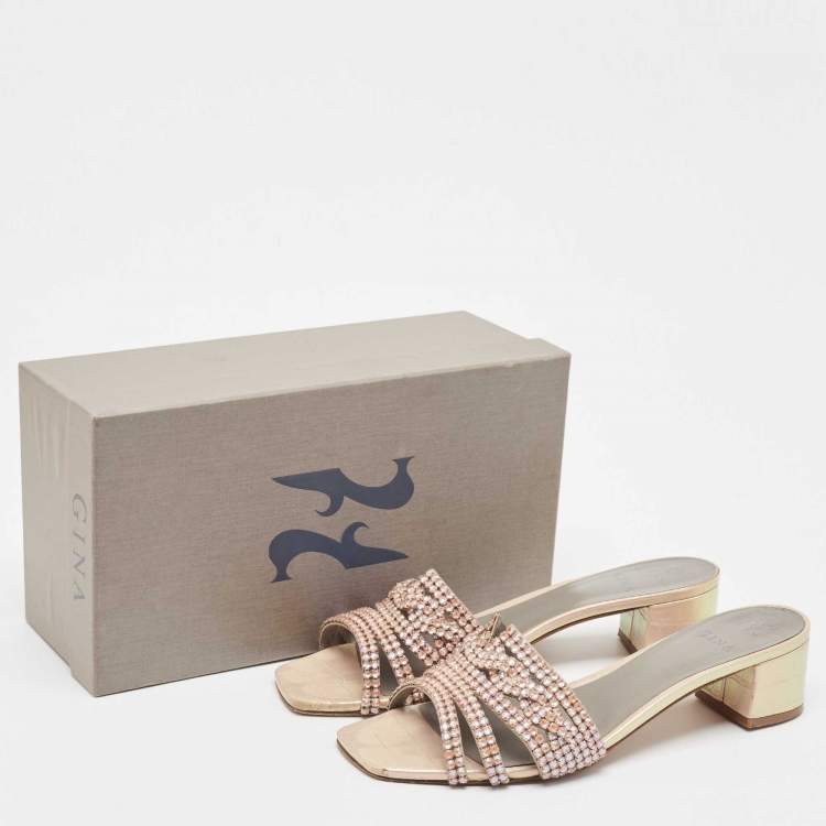 Pre Owned Gina Orange Iridescent Croc Embossed Leather Orsay Slide Sandals Size 42