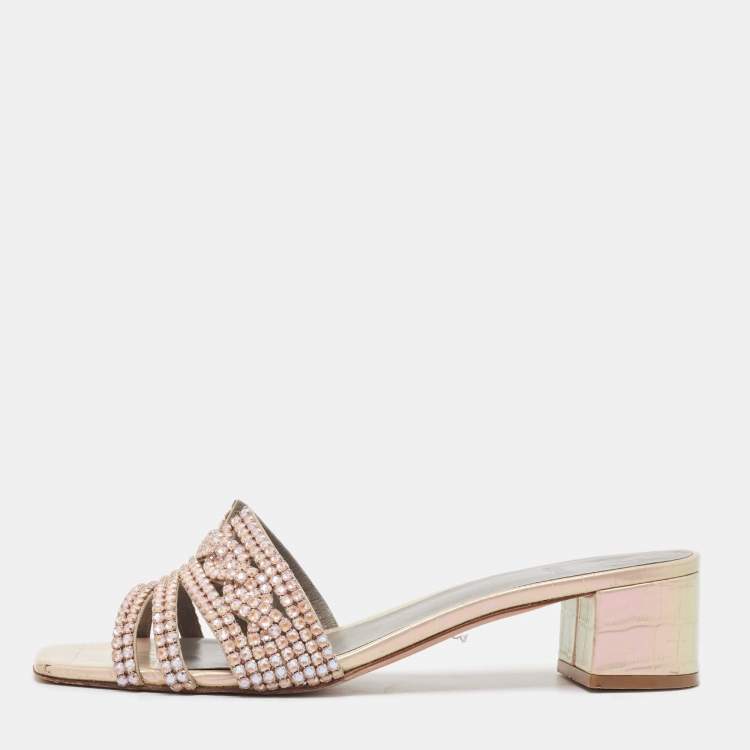 Pre Owned Gina Orange Iridescent Croc Embossed Leather Orsay Slide Sandals Size 42