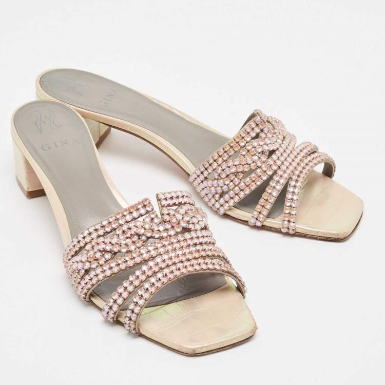 Pre Owned Gina Orange Iridescent Croc Embossed Leather Orsay Slide Sandals Size 42