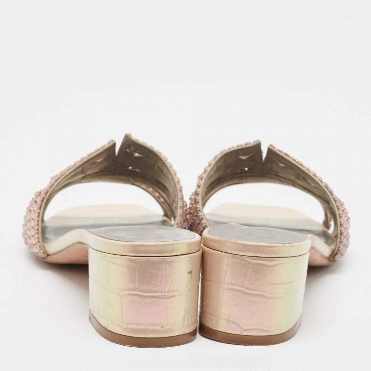 Pre Owned Gina Orange Iridescent Croc Embossed Leather Orsay Slide Sandals Size 42