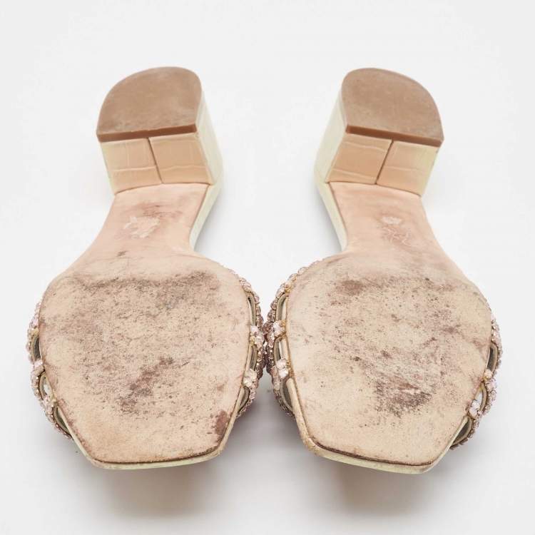 Pre Owned Gina Orange Iridescent Croc Embossed Leather Orsay Slide Sandals Size 42