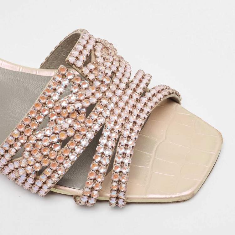 Pre Owned Gina Orange Iridescent Croc Embossed Leather Orsay Slide Sandals Size 42