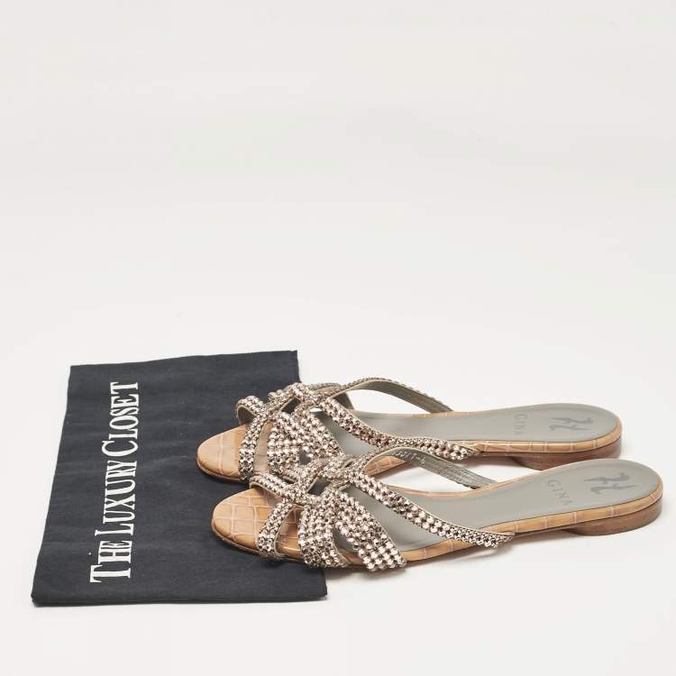 Pre Owned Gina Pink/Brown Crystal Embellished Leather Flat Slides Size 39