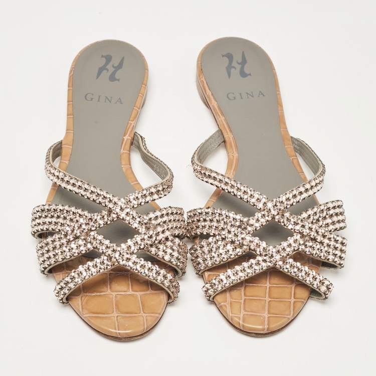 Pre Owned Gina Pink/Brown Crystal Embellished Leather Flat Slides Size 39
