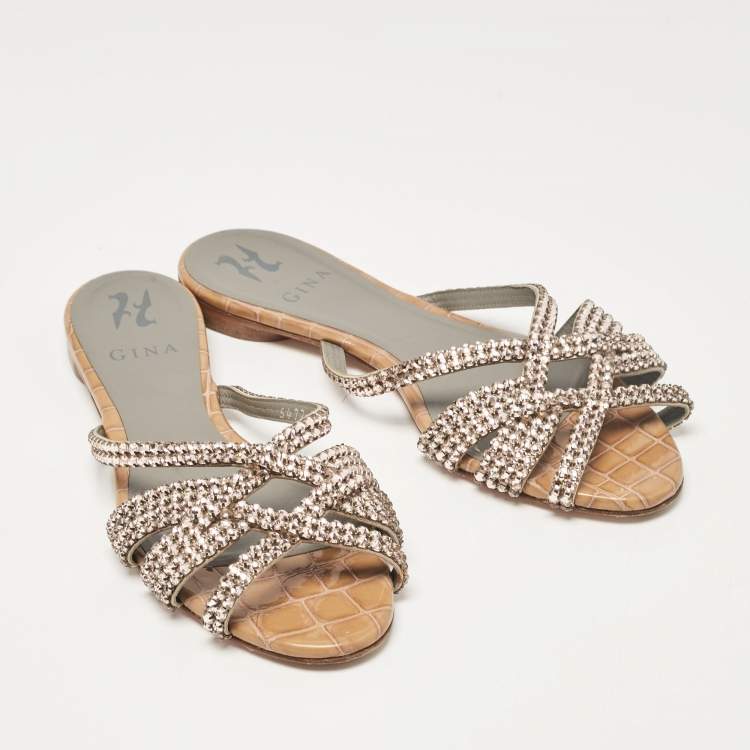 Pre Owned Gina Pink/Brown Crystal Embellished Leather Flat Slides Size 39