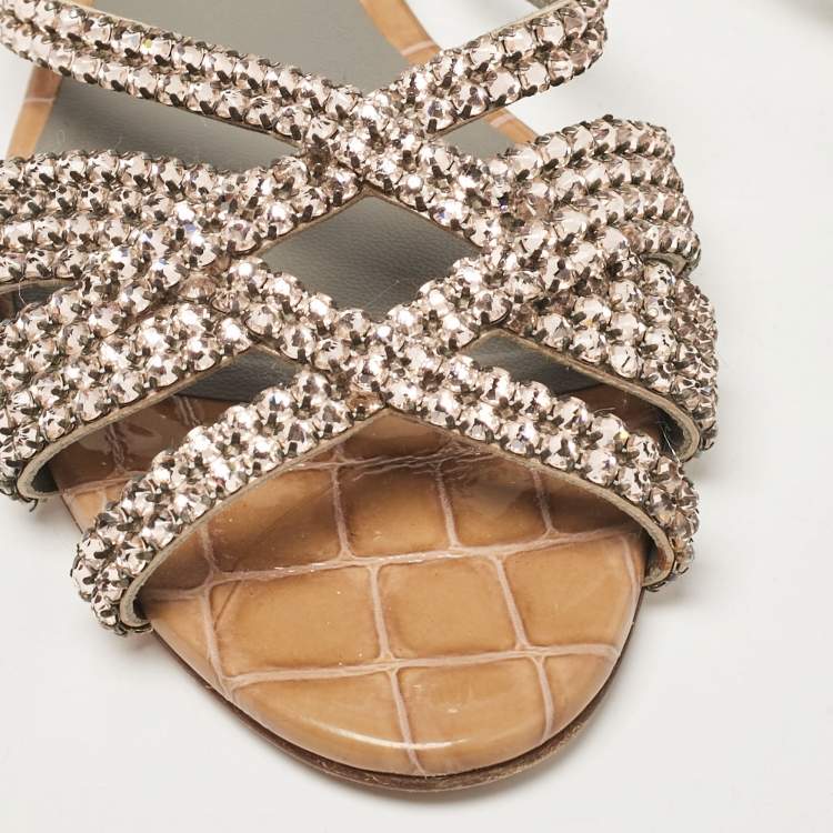 Pre Owned Gina Pink/Brown Crystal Embellished Leather Flat Slides Size 39