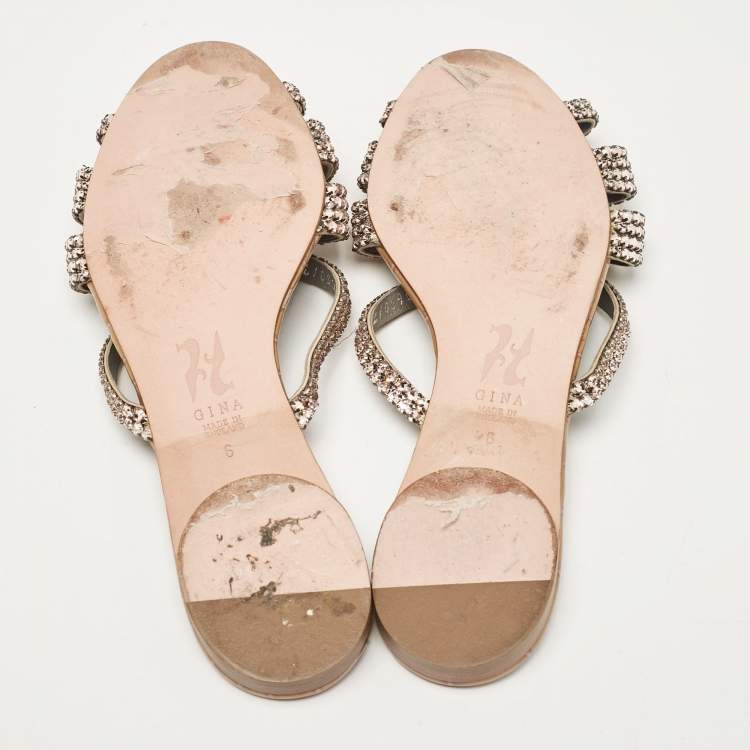 Pre Owned Gina Pink/Brown Crystal Embellished Leather Flat Slides Size 39