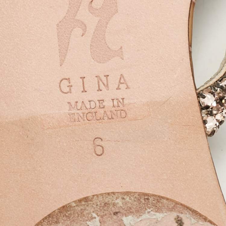 Pre Owned Gina Pink/Brown Crystal Embellished Leather Flat Slides Size 39