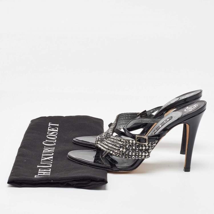 مملوكة مسبقًا Gina Black Patent Leather Crystal Embellished Sandals Size 38.5