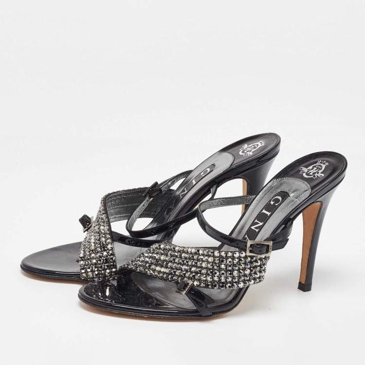 مملوكة مسبقًا Gina Black Patent Leather Crystal Embellished Sandals Size 38.5