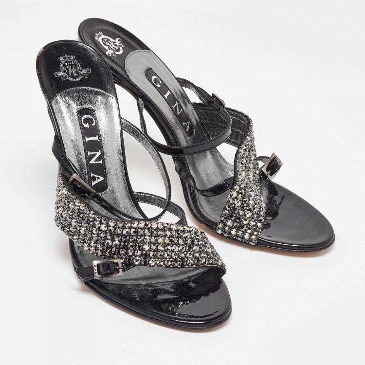 مملوكة مسبقًا Gina Black Patent Leather Crystal Embellished Sandals Size 38.5