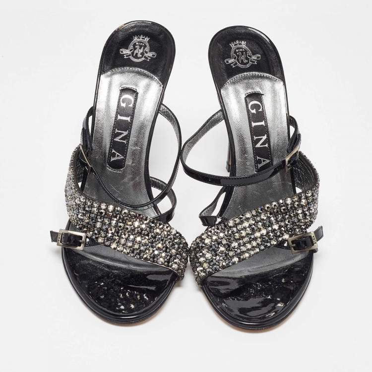 مملوكة مسبقًا Gina Black Patent Leather Crystal Embellished Sandals Size 38.5