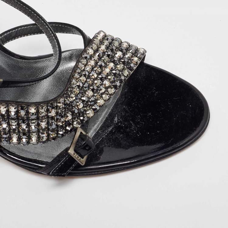 مملوكة مسبقًا Gina Black Patent Leather Crystal Embellished Sandals Size 38.5