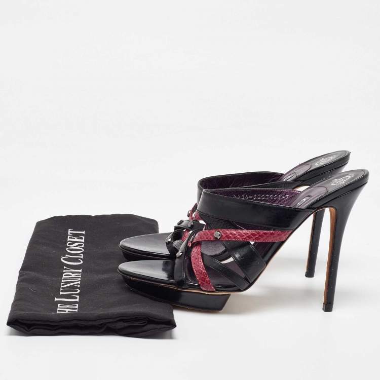 Pre Owned Gina Black/Maroon Leather and Snakeskin Strappy Platform Sandals Size 40