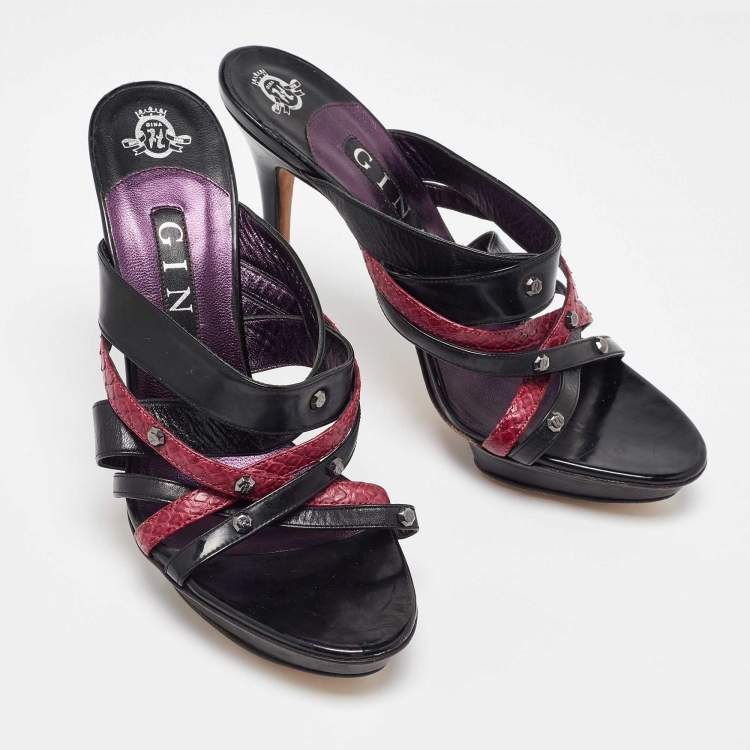 Pre Owned Gina Black/Maroon Leather and Snakeskin Strappy Platform Sandals Size 40