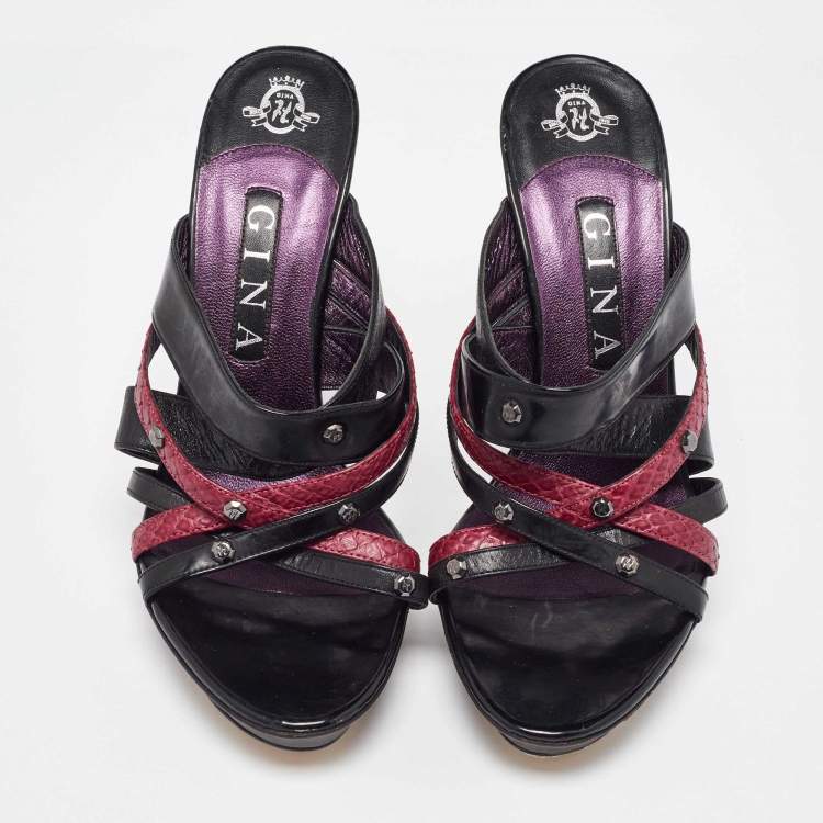 Pre Owned Gina Black/Maroon Leather and Snakeskin Strappy Platform Sandals Size 40