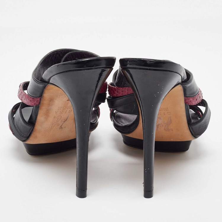 Pre Owned Gina Black/Maroon Leather and Snakeskin Strappy Platform Sandals Size 40