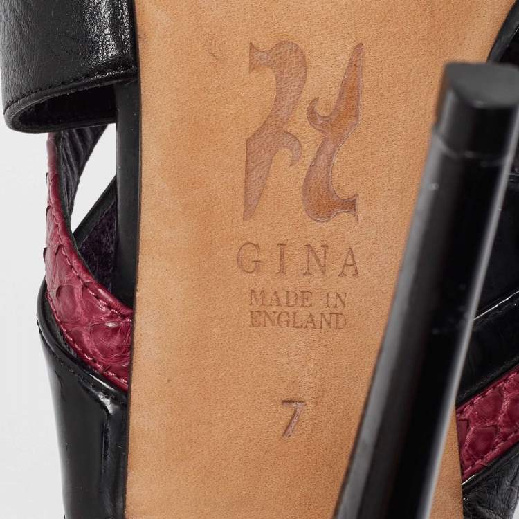 Pre Owned Gina Black/Maroon Leather and Snakeskin Strappy Platform Sandals Size 40