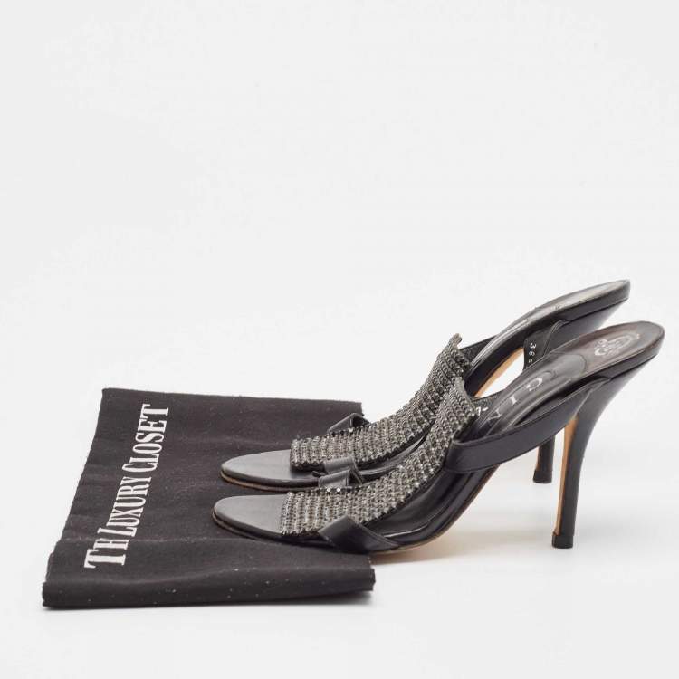 Pre Owned Gina Black Leather Crystal Embellished Slide Sandals Size 38.5