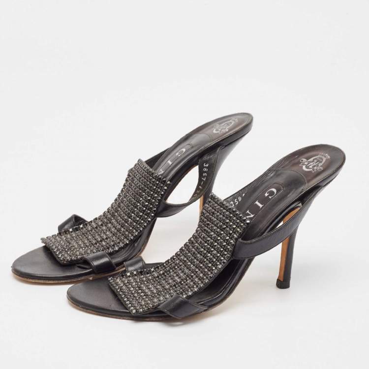 Pre Owned Gina Black Leather Crystal Embellished Slide Sandals Size 38.5