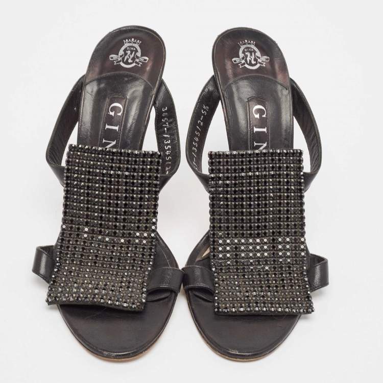 Pre Owned Gina Black Leather Crystal Embellished Slide Sandals Size 38.5