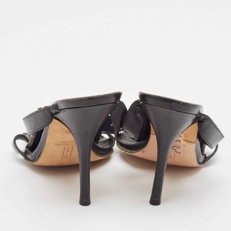 Pre Owned Gina Black Leather Crystal Embellished Slide Sandals Size 38.5