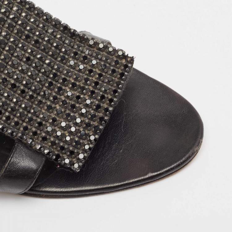 Pre Owned Gina Black Leather Crystal Embellished Slide Sandals Size 38.5