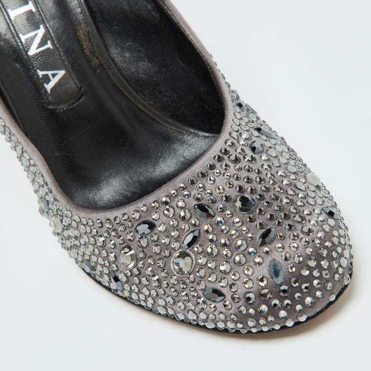 Pre Owned Gina Dark Grey Satin Crystal Embellished Pumps Size 38