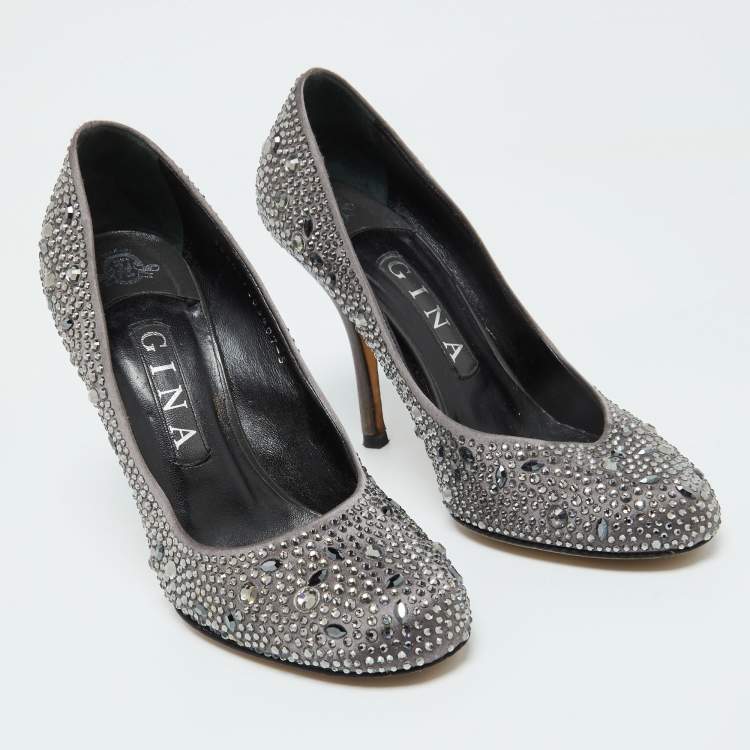 Pre Owned Gina Dark Grey Satin Crystal Embellished Pumps Size 38
