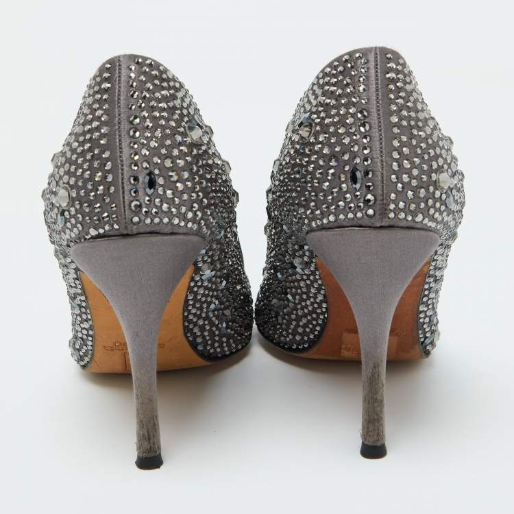 Pre Owned Gina Dark Grey Satin Crystal Embellished Pumps Size 38