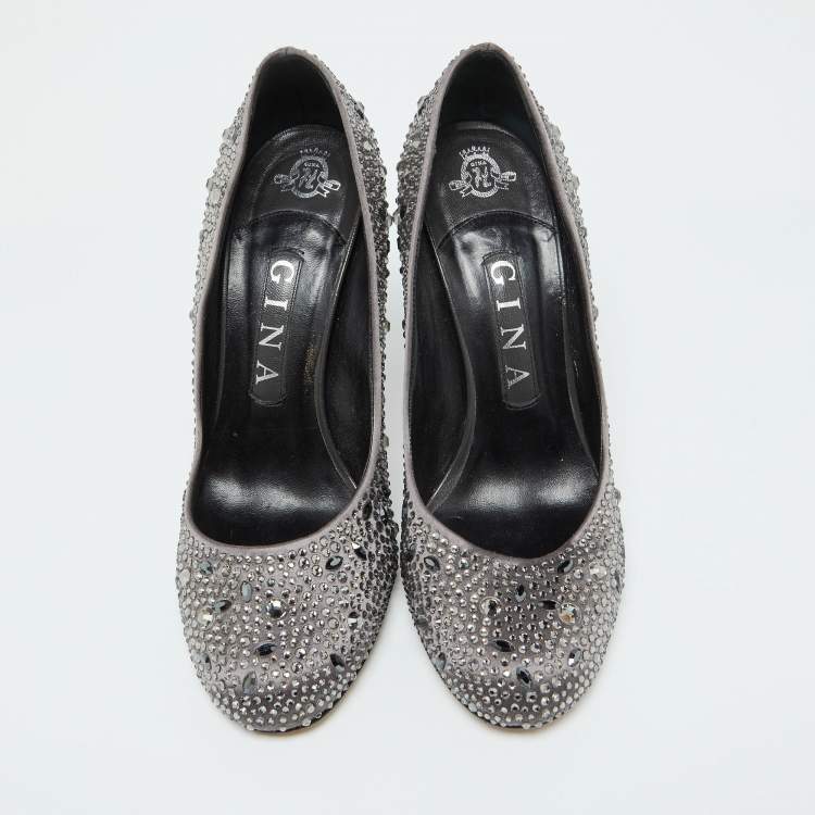 Pre Owned Gina Dark Grey Satin Crystal Embellished Pumps Size 38