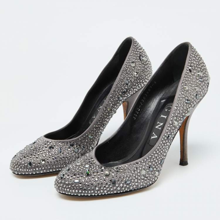 Pre Owned Gina Dark Grey Satin Crystal Embellished Pumps Size 38