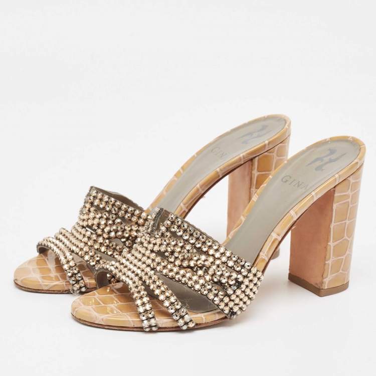 Pre Owned Gina Gold Crystal Embellished Leather Slide Sandals Size 38.5