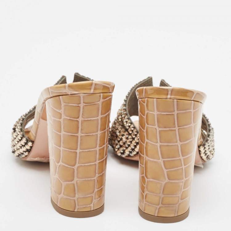 Pre Owned Gina Gold Crystal Embellished Leather Slide Sandals Size 38.5