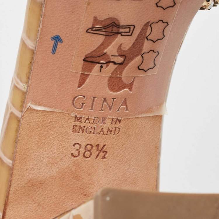 Pre Owned Gina Gold Crystal Embellished Leather Slide Sandals Size 38.5