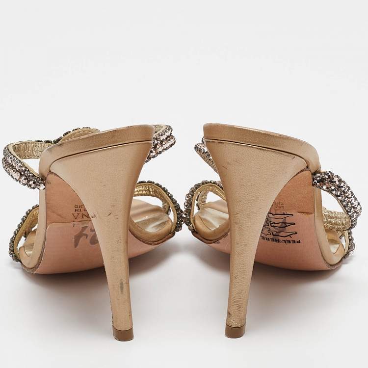 Pre Owned Gina Pink/Gold Crystal Embellished Leather Slide Sandals Size 38