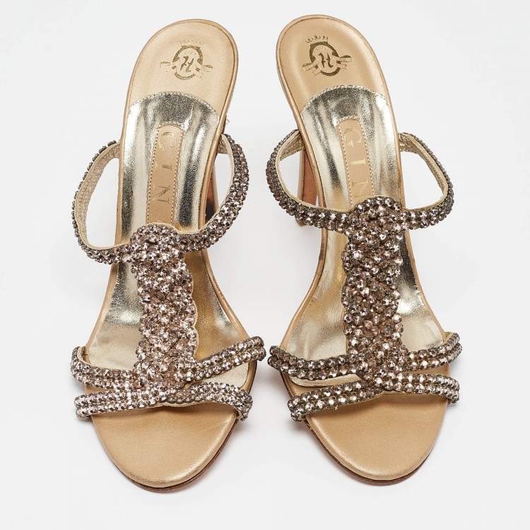 Pre Owned Gina Pink/Gold Crystal Embellished Leather Slide Sandals Size 38