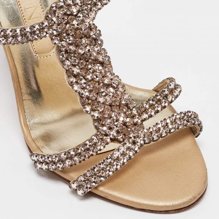 Pre Owned Gina Pink/Gold Crystal Embellished Leather Slide Sandals Size 38
