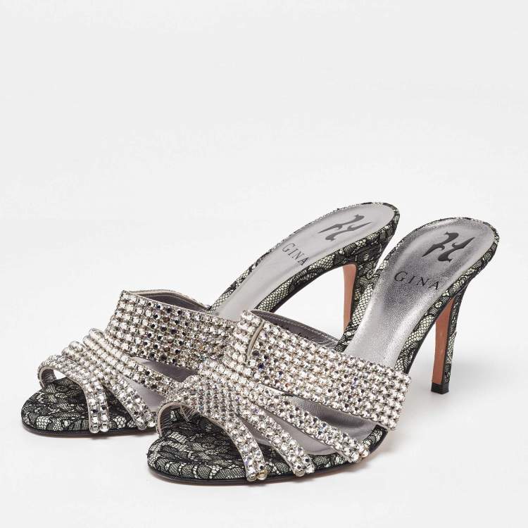 Pre Owned Gina Silver Crystal Embellished Leather Dakota Sandals Size 37.5