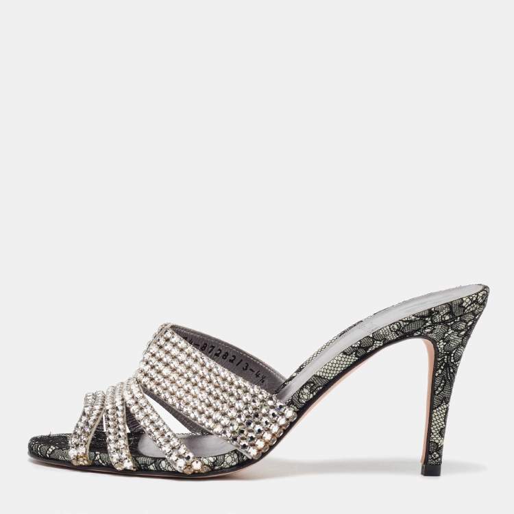 Pre Owned Gina Silver Crystal Embellished Leather Dakota Sandals Size 37.5