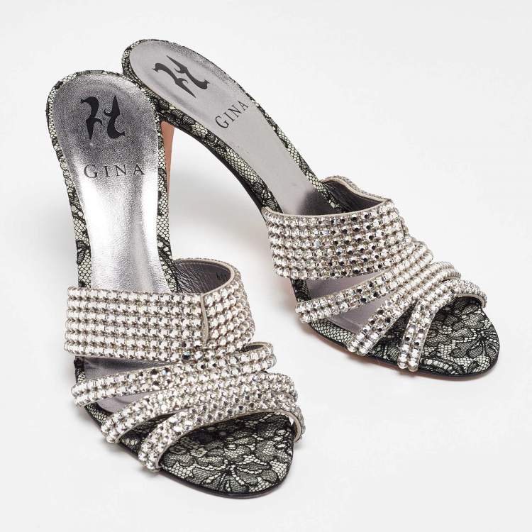 Pre Owned Gina Silver Crystal Embellished Leather Dakota Sandals Size 37.5