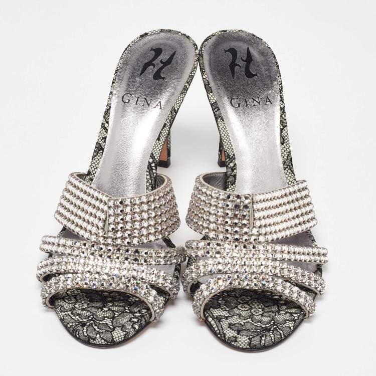 Pre Owned Gina Silver Crystal Embellished Leather Dakota Sandals Size 37.5