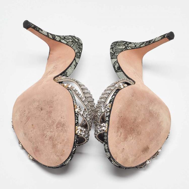 Pre Owned Gina Silver Crystal Embellished Leather Dakota Sandals Size 37.5